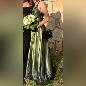 Floral Beaded Olive Green Gradient Satin Prom Dress